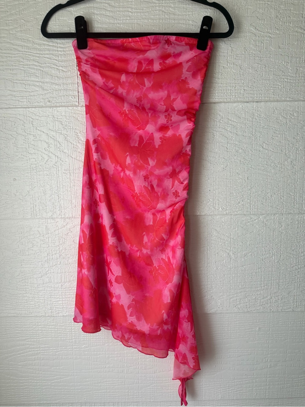 Pink Floral Strapless Mesh Ruched Mini Dress Small Adjustable Side Drawstring - Picture 2 of 9